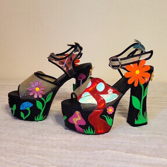 Shoes - Platform heeled shoes size 6 medium mushrooms flowers Halloween
